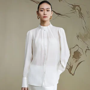 Annibycn Women's Long Sleeve Silk Shirt Textured Stand Collar Spring Autumn Elegant Lady's Straight Tube Top White Shirt - AliExpress Shirts & Blouses