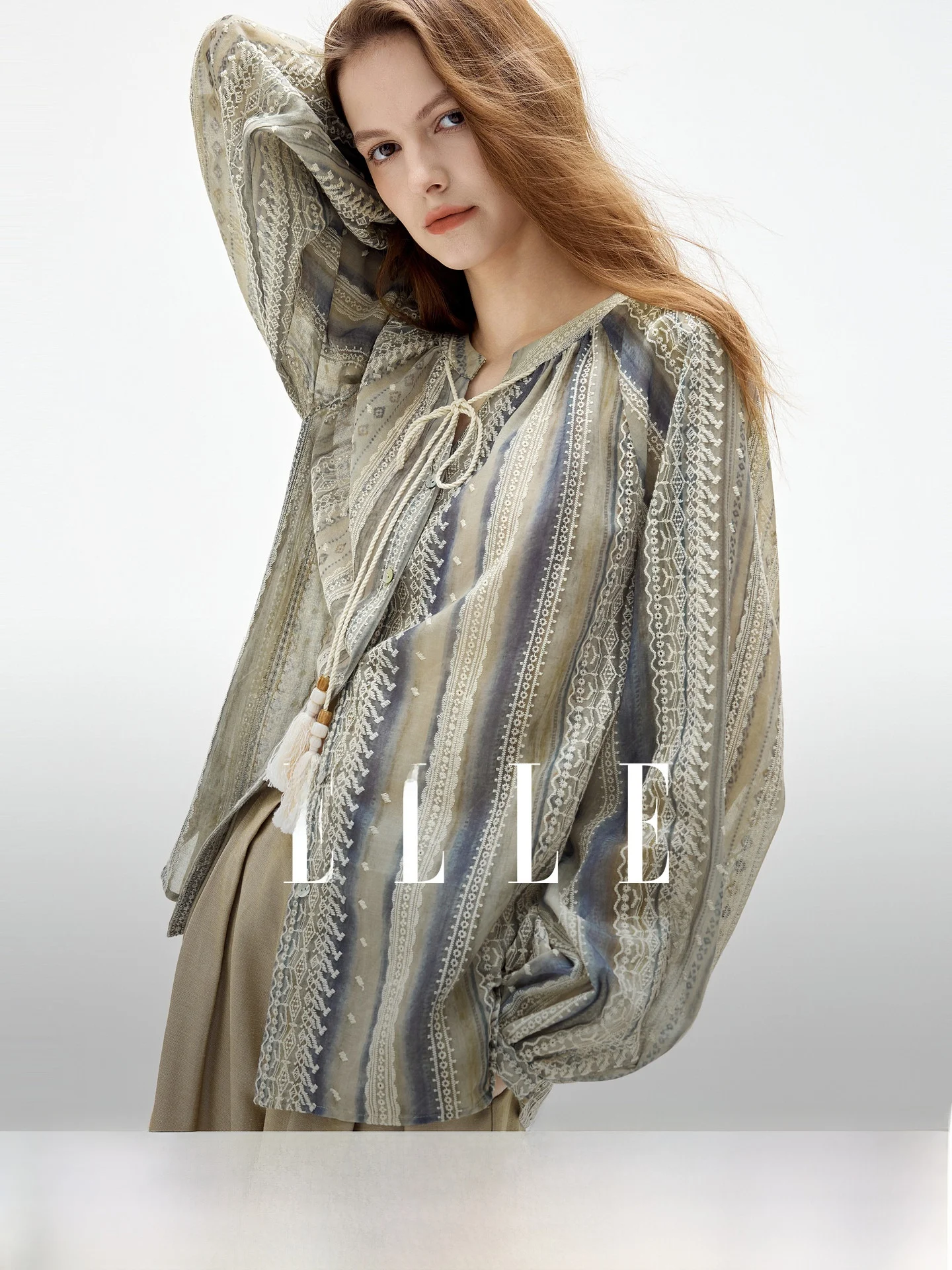 Elle Women's Embroidered Long Sleeve Shirt Vintage Gradient Style Elegant Top Summer New Arrival Polyester Fiber V-Neck Casua... - AliExpress Shirts & Blouses