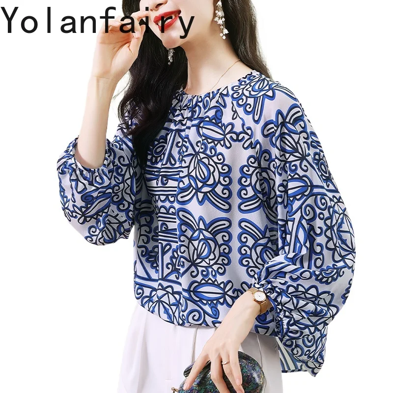 YOLANFAIRY Fashion 100% Real Mulberry Silk Blouse Woman 2025 Loose Printed T Shirt Women's Clothing Elegant Ladies Tops Blouses - AliExpress Shirts & Blouses