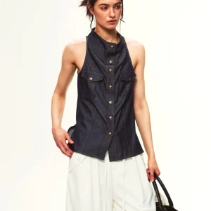 Casual Summer Workwear Single Moment 26SS Sleeveless Small Flounce Collar Denim Slim Fit Top for Women - AliExpress Shirts & Blouses