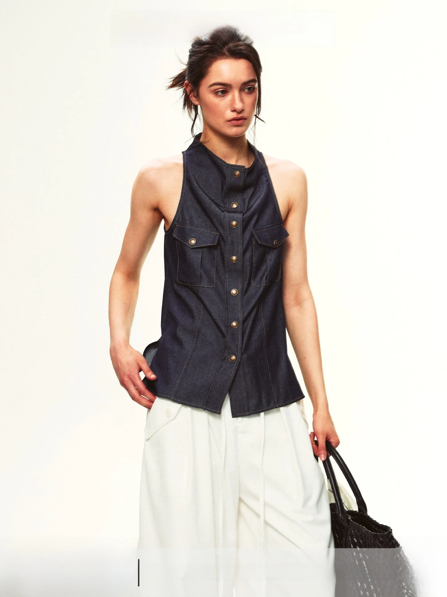 Casual Summer Workwear Single Moment 26SS Sleeveless Small Flounce Collar Denim Slim Fit Top for Women - AliExpress Shirts & Blouses