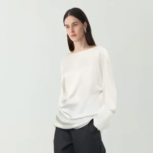 100% Real Silk Blouse Women Boat Neck Long Sleeve Side Ruched Oversized Loose Satin Top Minimalist Elegant Office Shirt 2026 New - AliExpress Shirts & Blouses