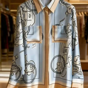 Elegant Long Sleeve Silk Shirt Collared Print Design Color Block Straight Cut Geometric Pattern Women's Comfortable Breathabl... - AliExpress Shirts & Blouses