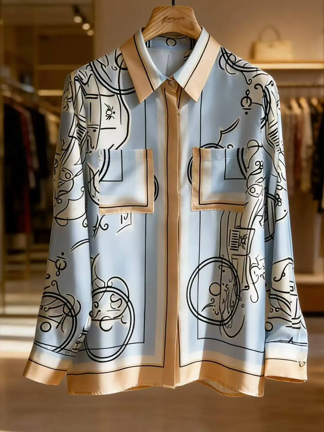 Elegant Long Sleeve Silk Shirt Collared Print Design Color Block Straight Cut Geometric Pattern Women's Comfortable Breathabl... - AliExpress Shirts & Blouses