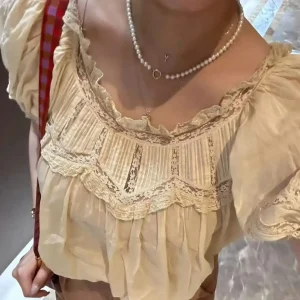 Women Lace Embroidery Yellow Blouse Top Summer Round Neck Puff Sleeve Loose Female 100% Cotton Shirt - AliExpress Shirts & Blouses