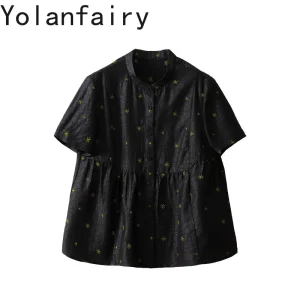 YOLANFAIRY High-end Watered Gauze 100% Mulberry Silk Shhirt for Women Summer Top Floral Embroidery Woman Blouses and Shirts 반팔 - AliExpress Shirts & Blouses