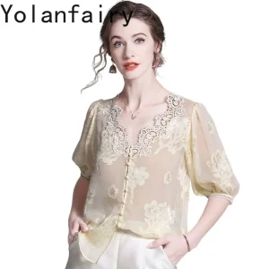 YOLANFAIRY High Quality 100% Real Mulberry Silk T Shirts Women Summer Elegant 2026 Jacquard Blouse Short Sleeve Tops Tee Shirt - AliExpress Shirts & Blouses