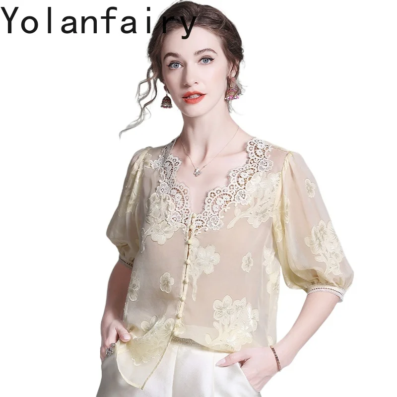YOLANFAIRY High Quality 100% Real Mulberry Silk T Shirts Women Summer Elegant 2026 Jacquard Blouse Short Sleeve Tops Tee Shirt - AliExpress Shirts & Blouses