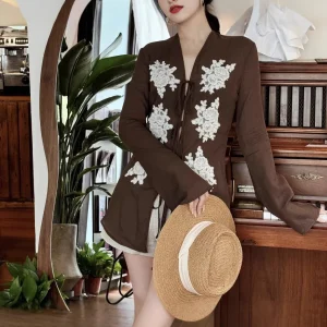 New EXJR2025 Women's Shirt Cotton Linen Fabric V-neck Long Sleeve Floral Lace Design Early Autumn Fashion Commute Style Slim Fit - AliExpress Shirts & Blouses