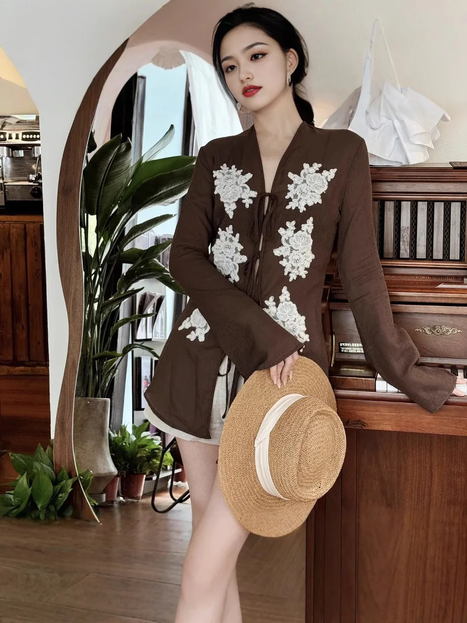 New EXJR2025 Women's Shirt Cotton Linen Fabric V-neck Long Sleeve Floral Lace Design Early Autumn Fashion Commute Style Slim Fit - AliExpress Shirts & Blouses