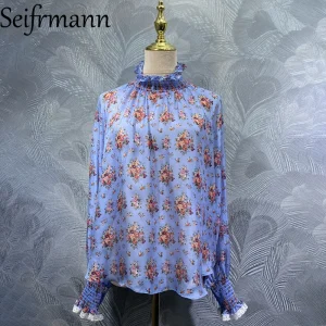 Seifrmann 2026 Spring Women's New clothing Fashionable and Casual Stand collar Long sleeved Silk Printed Top - AliExpress Shirts & Blouses