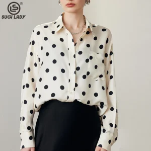 100% Silk Women's Shirt Turn Down Collar Long Sleeves Dots Printed Elegant Fashion Blouse - AliExpress Shirts & Blouses