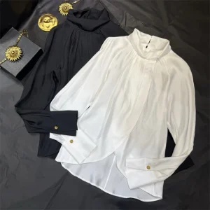 Women's shirt Spring 2026 new satin slim fit high neck women's long sleeved top Metal button decoration Casual Women's blouse - AliExpress Shirts & Blouses