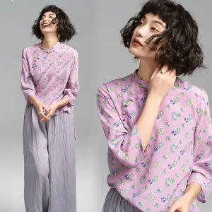 Wuwan WuZhi Xisi Silk Shirt Chinese Style Artistic Short Top  Print Pattern Cool Feeling Thin Seven Sleeve Women Shirt - AliExpress Shirts & Blouses