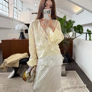 Slimming Embroidered Hollow out V-Neck Tunic Top with Belt Detail Long Sleeve Women's Shirt in Linen And Lyocell Fiber - AliExpress Shirts & Blouses