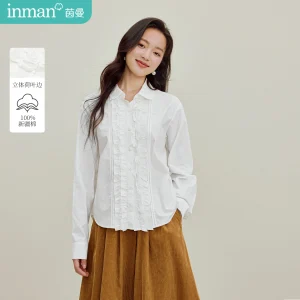 100% Cotton | Inman Women's 2025 Autumn New French-Style Courtly Long-Sleeve Shirt - Peter Pan Collar Ruffled White Blouse - AliExpress Shirts & Blouses