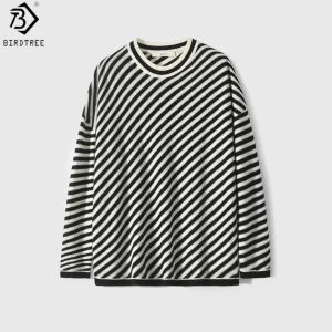 Birdtree, 90% Sheep Wool 10% Cashmere Blouse, Full Sleeve O-neck Tops, Women's Knitted Stripe Sweater, 2026 Autumn New T67047JF - AliExpress Shirts & Blouses