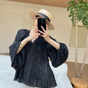 Amyy Studios Embroidered Pleated V-neck Floating Ribbon Top Women's Casual Breathable Long Sleeve Polyester Fiber Blouse - AliExpress Shirts & Blouses