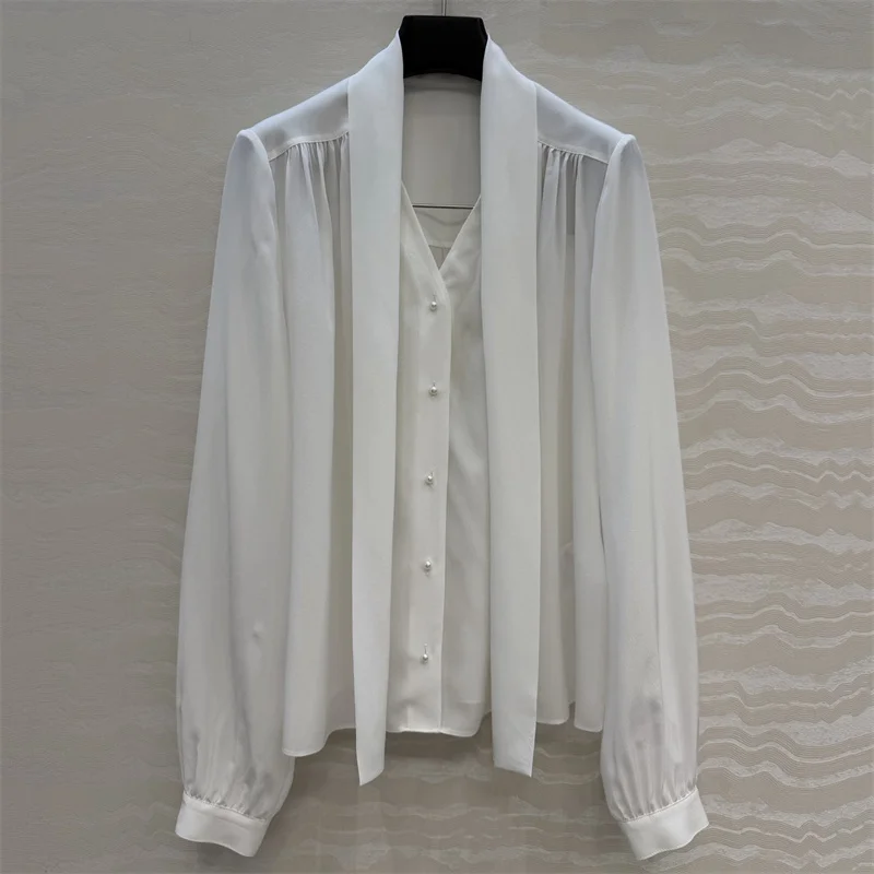 Women's shirt 2026 summer new single breasted slim fit women's long sleeved top artificial silk Scarf collar Women's blouse y2k - AliExpress Shirts & Blouses