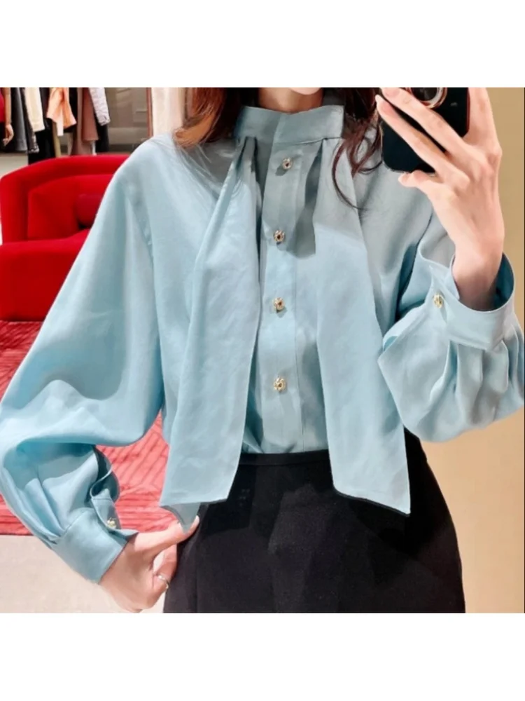 Elegant Soft Draped Shirt Women's Summer New Style Korean Version Slimming Fluffy Belt Casual Cotton Blend Long Sleeve Top - AliExpress Shirts & Blouses