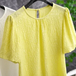 Silk Bubble Sleeve Top Honey Lemon Yellow Floral Embroidery Short Sleeve Women's T-Shirt Summer High End Casual Fashion - AliExpress Shirts & Blouses