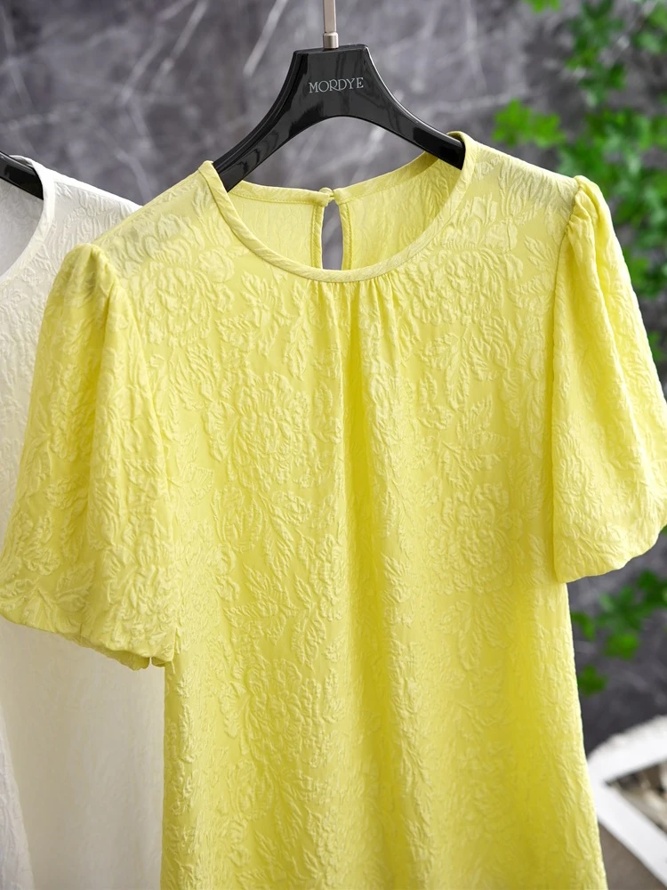 Silk Bubble Sleeve Top Honey Lemon Yellow Floral Embroidery Short Sleeve Women's T-Shirt Summer High End Casual Fashion - AliExpress Shirts & Blouses