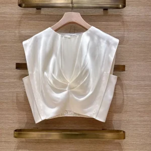 Spring 2026 Fashion Satin Pleated Sleeveless round Neck Vest Short Top Shirt Women's French Style Breathable Lightweight Blouse - AliExpress Shirts & Blouses