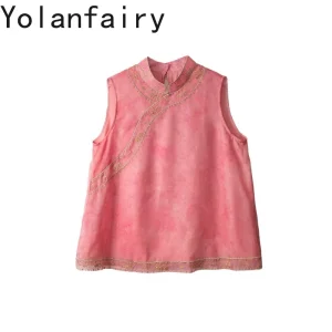 YOLANFAIRY 100% Mulberry Silk Organza Embroidered Tank Tops Woman Sleeveless Real Silk Blouse Womens top Summer Rose Red Shirt - AliExpress Shirts & Blouses