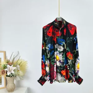 Women Flower Print 100% Silk Shirt Crystal Beaded Stand Collar Lantern Sleeve Single Breasted Fashion Ladies Blouse Top - AliExpress Shirts & Blouses