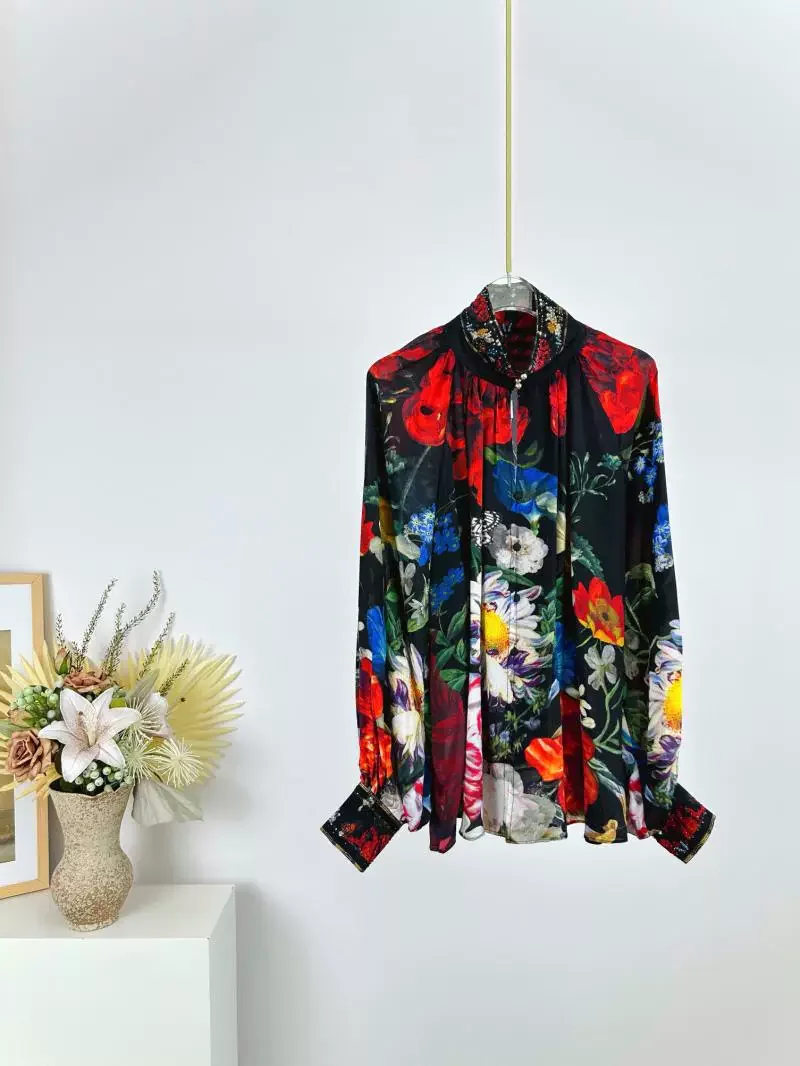 Women Flower Print 100% Silk Shirt Crystal Beaded Stand Collar Lantern Sleeve Single Breasted Fashion Ladies Blouse Top - AliExpress Shirts & Blouses