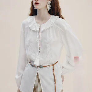 French Manxun Women's Linen Shirt Embroidered Lace Hem Spring Autumn New Design Sense Top round Neck Long Sleeve - AliExpress Shirts & Blouses