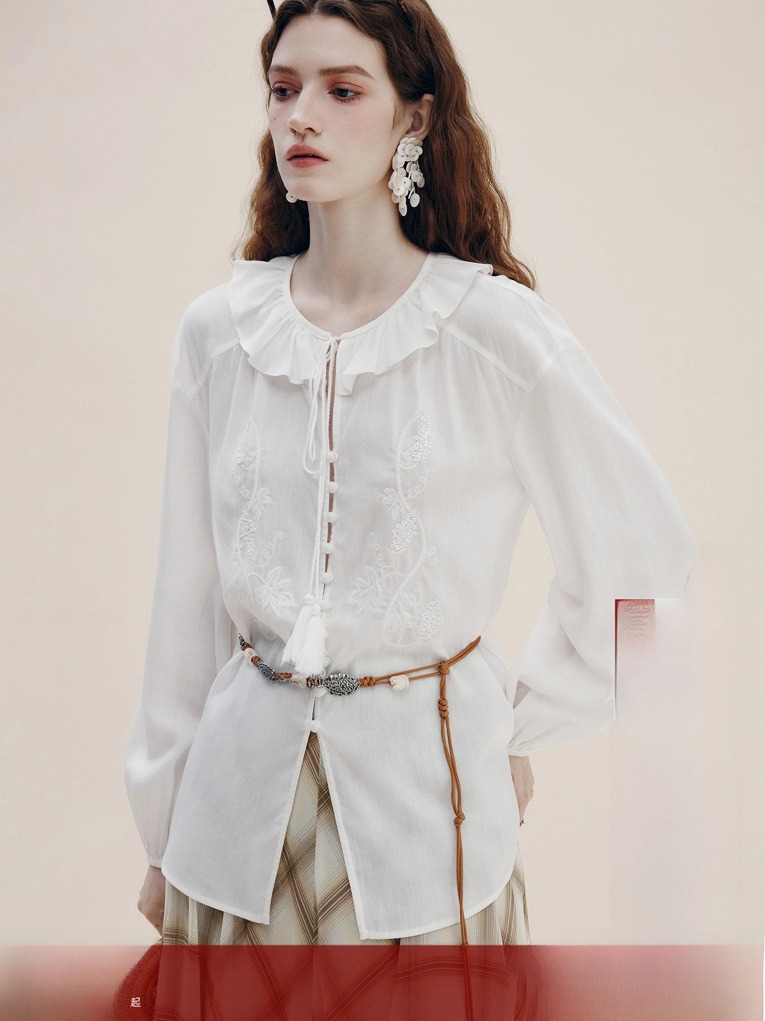 French Manxun Women's Linen Shirt Embroidered Lace Hem Spring Autumn New Design Sense Top round Neck Long Sleeve - AliExpress Shirts & Blouses