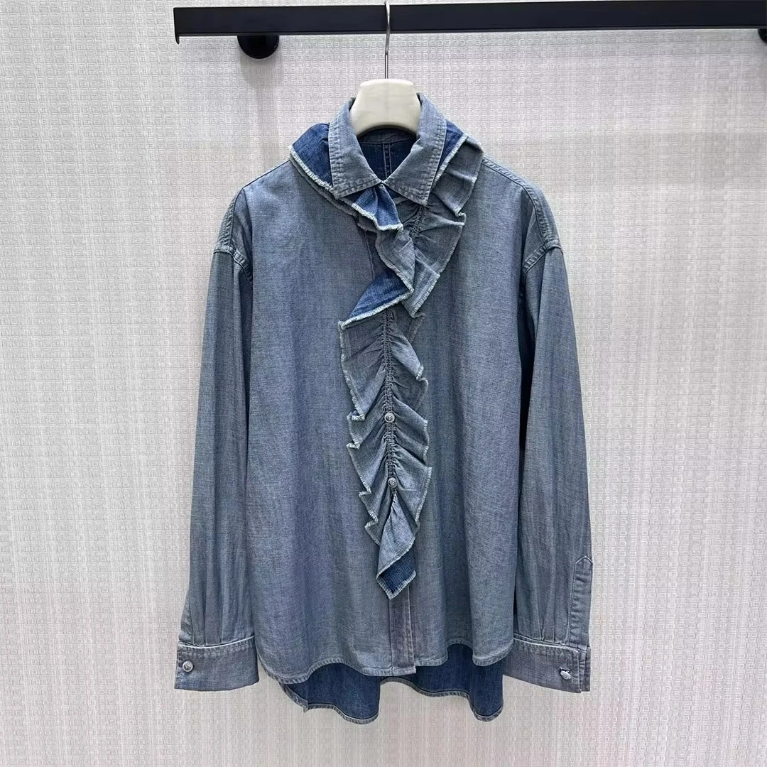 2026 New Spring Autumn Blue Cotton Denim French Vintage Shirt Women Lapel Patchwork Ruffles Long Sleeve Sweet Loose Long Blouse - AliExpress Shirts & Blouses