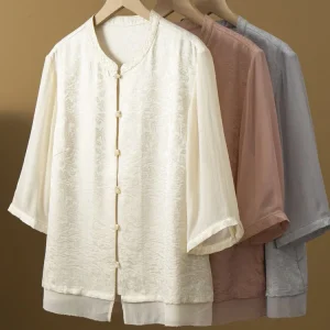 Winsleter-90%Silk Elegant Shirt, O Neck 3/4 Sleeve Jacquard, Women Retro Versatile Casual Loose Blouse, 2026 Autumn New T68536CC - AliExpress Shirts & Blouses