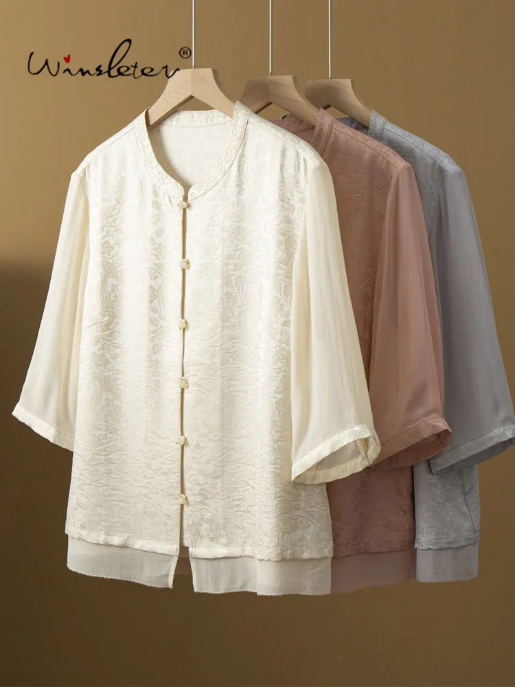 Winsleter-90%Silk Elegant Shirt, O Neck 3/4 Sleeve Jacquard, Women Retro Versatile Casual Loose Blouse, 2026 Autumn New T68536CC - AliExpress Shirts & Blouses