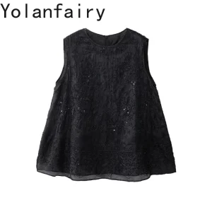 YOLANFAIRY 100% Mulberry Silk Tank Tops Woman Fashion Organza Silk Sleeveless Vest Beaded Embroidered Elegant Women's Tanks Top - AliExpress Shirts & Blouses