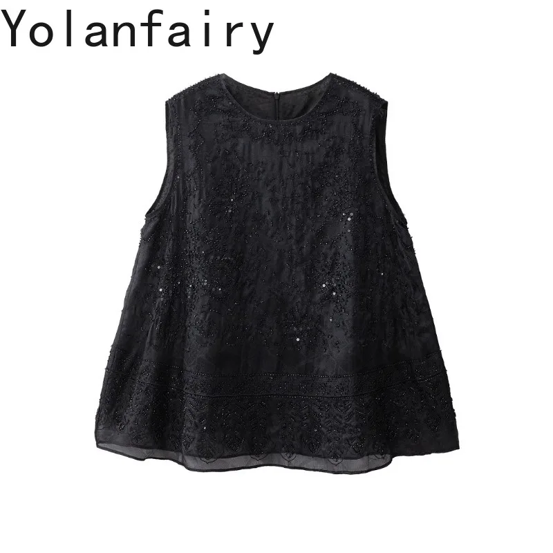 YOLANFAIRY 100% Mulberry Silk Tank Tops Woman Fashion Organza Silk Sleeveless Vest Beaded Embroidered Elegant Women's Tanks Top - AliExpress Shirts & Blouses