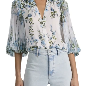 2026 Women Blue Floral Print Shirt Pleated Lantern Sleeve V-Neck Loose Blouse - AliExpress Shirts & Blouses