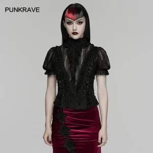 PUNK RAVE Women's Gothic Tattered Decadent Bubble Sleeve Sexy Shirt Drawstrings Eyelets Pleated Lace Club Casual Dark Aura Tops - AliExpress Shirts & Blouses
