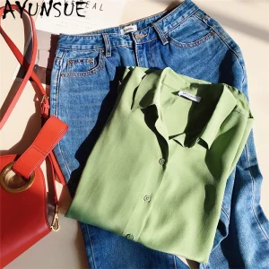 AYUNSUE Heavyweight Silk Women's Blouses and Shirts Solid Long Sleeve Tops for Woman French Simple Blouse Woman Clothes Одежда - AliExpress Shirts & Blouses