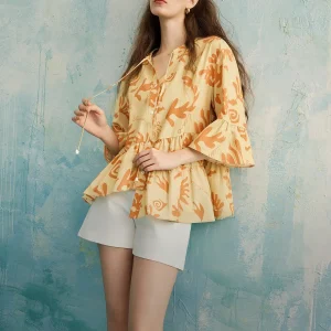 Elle Holiday Style Floral Print Ruffle Sleeve Shirt Women's Summer New Design Sense Top Bell Sleeve Blouse Cotton Blend - AliExpress Shirts & Blouses