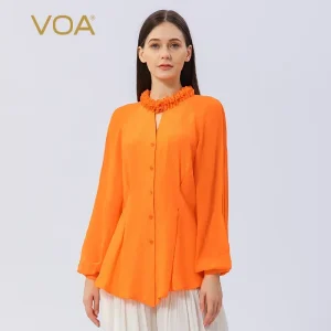 VOA Elegant Edible Tree Fungus Stand Silk Single Breasted Blouses Office Ladies Shirt Long Sleeves Straight Womens Tops BE879 - AliExpress Shirts & Blouses