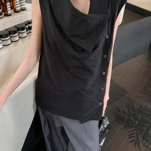 Crinkle Skew Collar Blouse Women Summer Sleeveless Black Button Up Designer Top Loose Clothing - AliExpress Shirts & Blouses