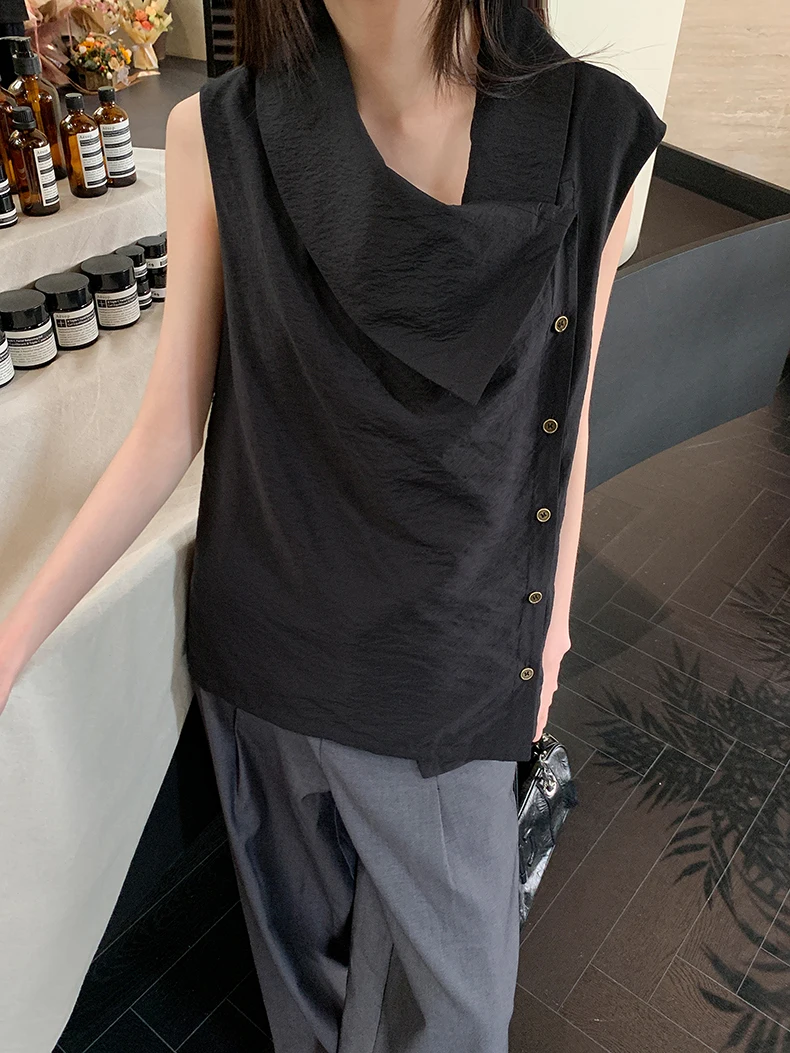 Crinkle Skew Collar Blouse Women Summer Sleeveless Black Button Up Designer Top Loose Clothing - AliExpress Shirts & Blouses