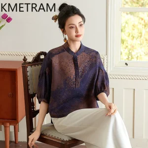KMETRAM 100% Mulberry Silk Xiangyunsha Blouse Women 2026 Summer High-end Stand Collar Loose Half-sleeved Shirts Blusa Feminina - AliExpress Shirts & Blouses