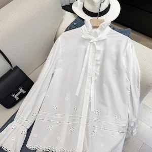 Elegant White Long Sleeve Shirt for Women 2025 Spring Autumn Embroidery Lace Trim French Style Loose Fit Cotton Breathable - AliExpress Shirts & Blouses
