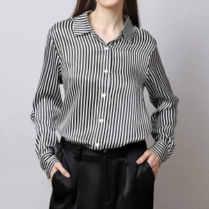 100% Mulberry Silk Striped Blouse Women Satin Lapel Long Sleeve Button Down Shirt Elegant Office Work Top Daily Inner Layering - AliExpress Shirts & Blouses