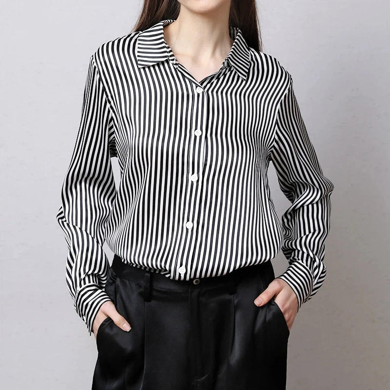 100% Mulberry Silk Striped Blouse Women Satin Lapel Long Sleeve Button Down Shirt Elegant Office Work Top Daily Inner Layering - AliExpress Shirts & Blouses