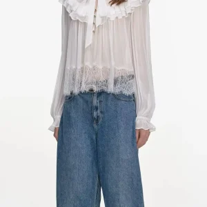 2026 New Women Chiffon Blouse Top Lace Embroidery Patchwork Ribbon Spliced Ruffled Collar Lantern Sleeve Fashion Female Shirt - AliExpress Shirts & Blouses