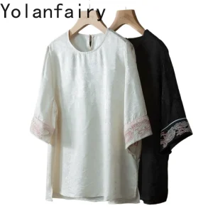 YOLANFAIRY 48.3% Mulberry Silk Blouse for Woman Three Quarter Sleeve Top O-Neck Embroidery Jacquard Women's Blouses and Shirts - AliExpress Shirts & Blouses
